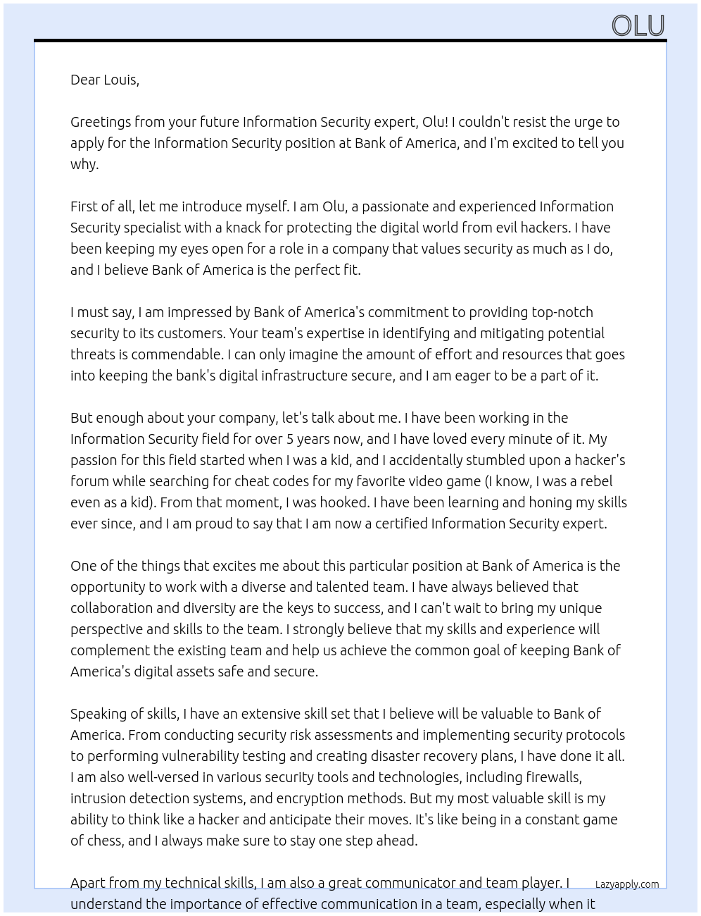 Information Security At Bank Of America Cover Letter