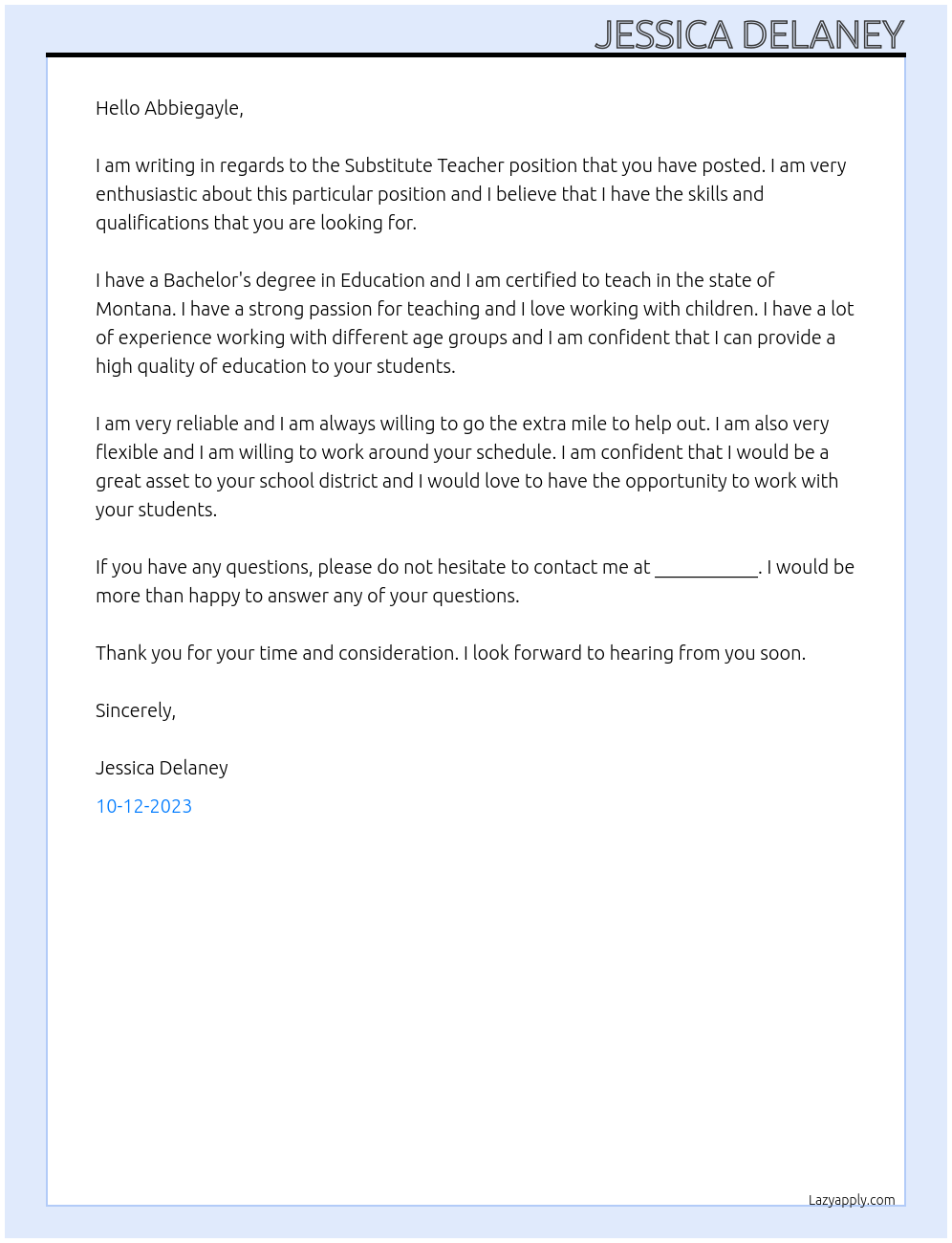 Substitute Teacher At Ronan School District Cover Letter