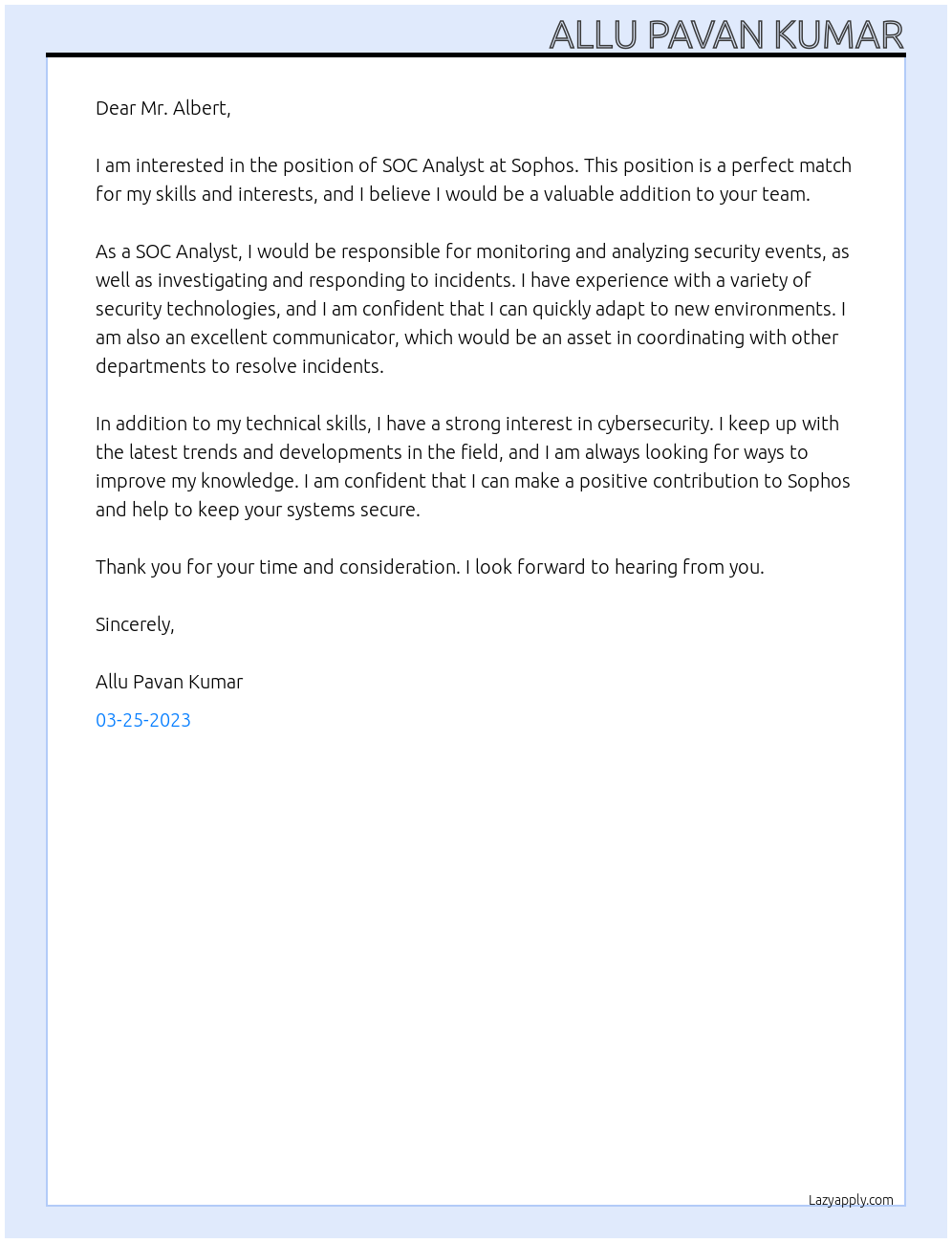 soc analyst At sophos Cover Letter