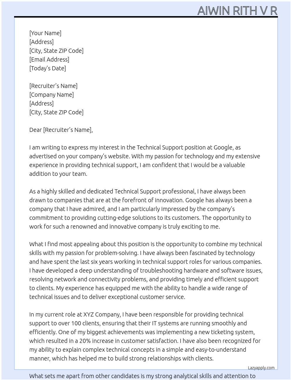 Technical support At google Cover Letter