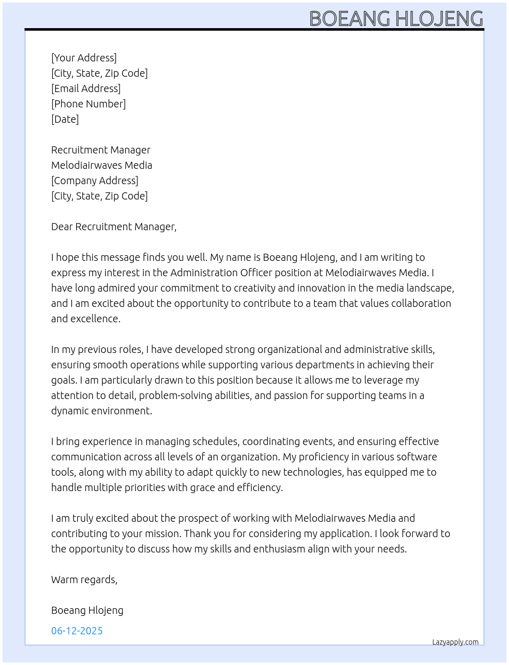 Administration Officer At Melodiairwaves Media Cover Letter