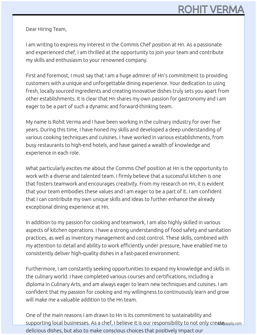 Commis chef At Hn Cover Letter