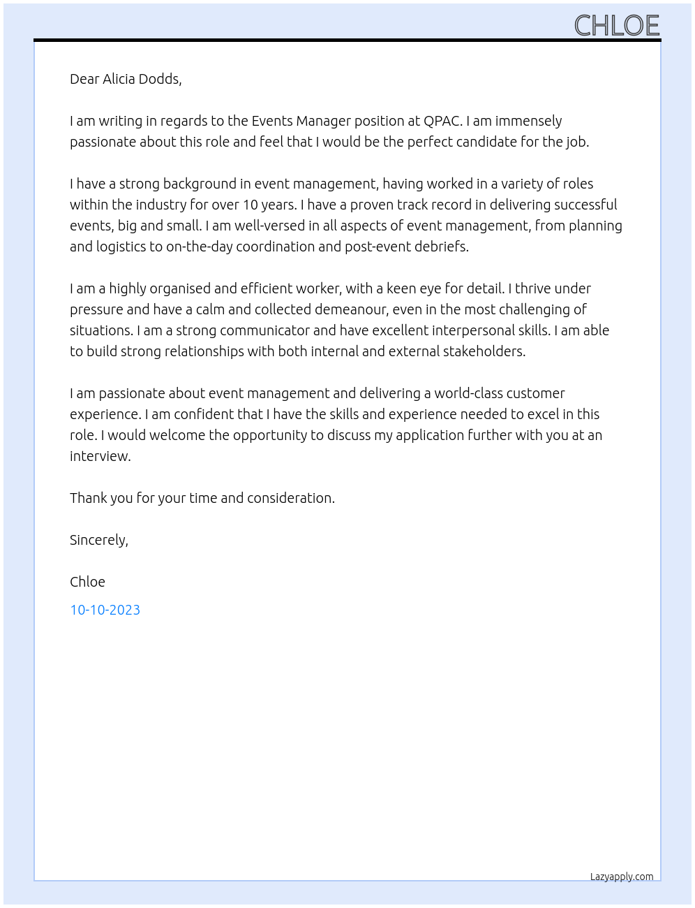 Events Manager At QPAC Cover Letter