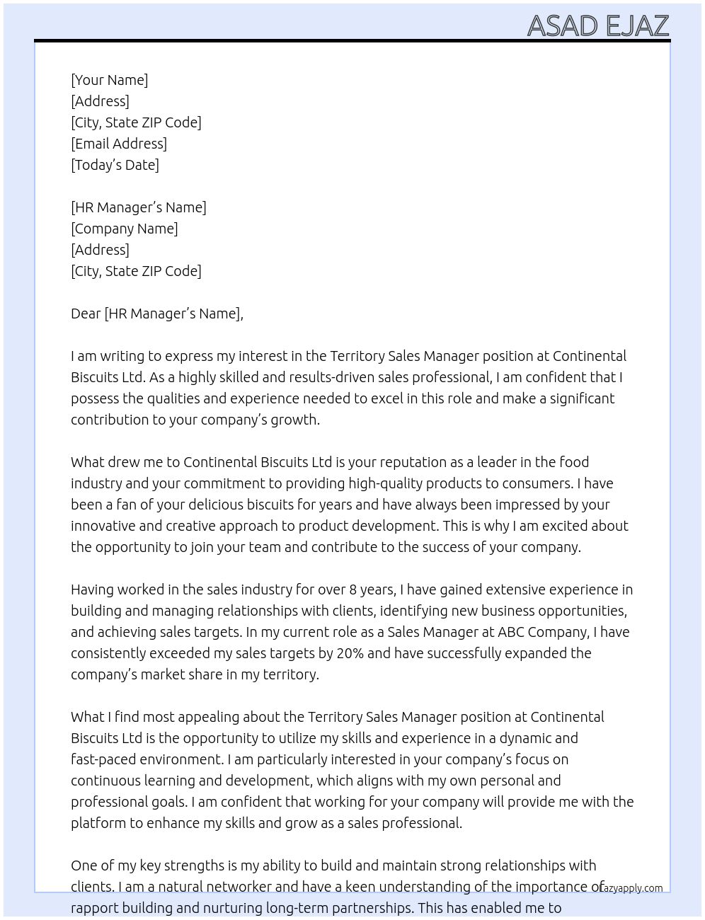 Territory Sales Manager At Continental Biscuits Ltd Cover Letter