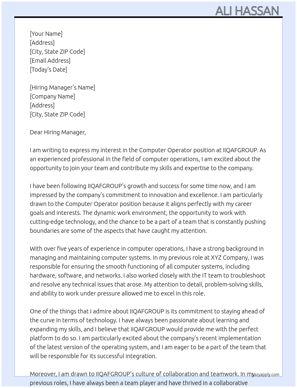 Computer Operator At IIQAFGROUP Cover Letter