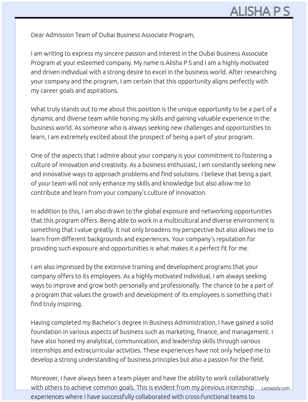 Cover letter for dubai business associate program - LazyApply