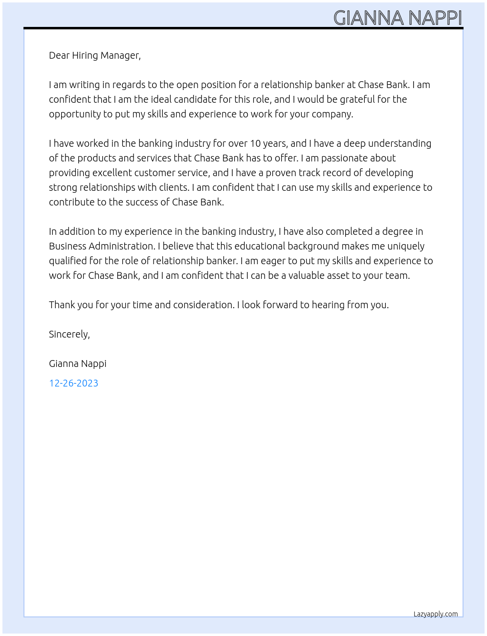 relationship banker At Chase Bank Cover Letter