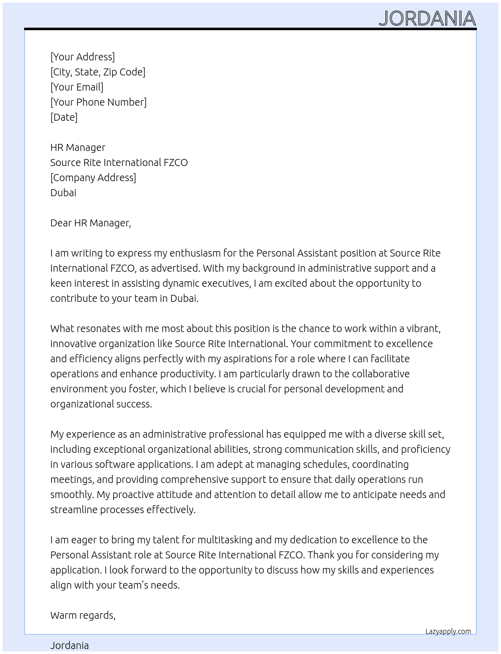 Personal Assistant At Source Rite International FZCO Cover Letter
