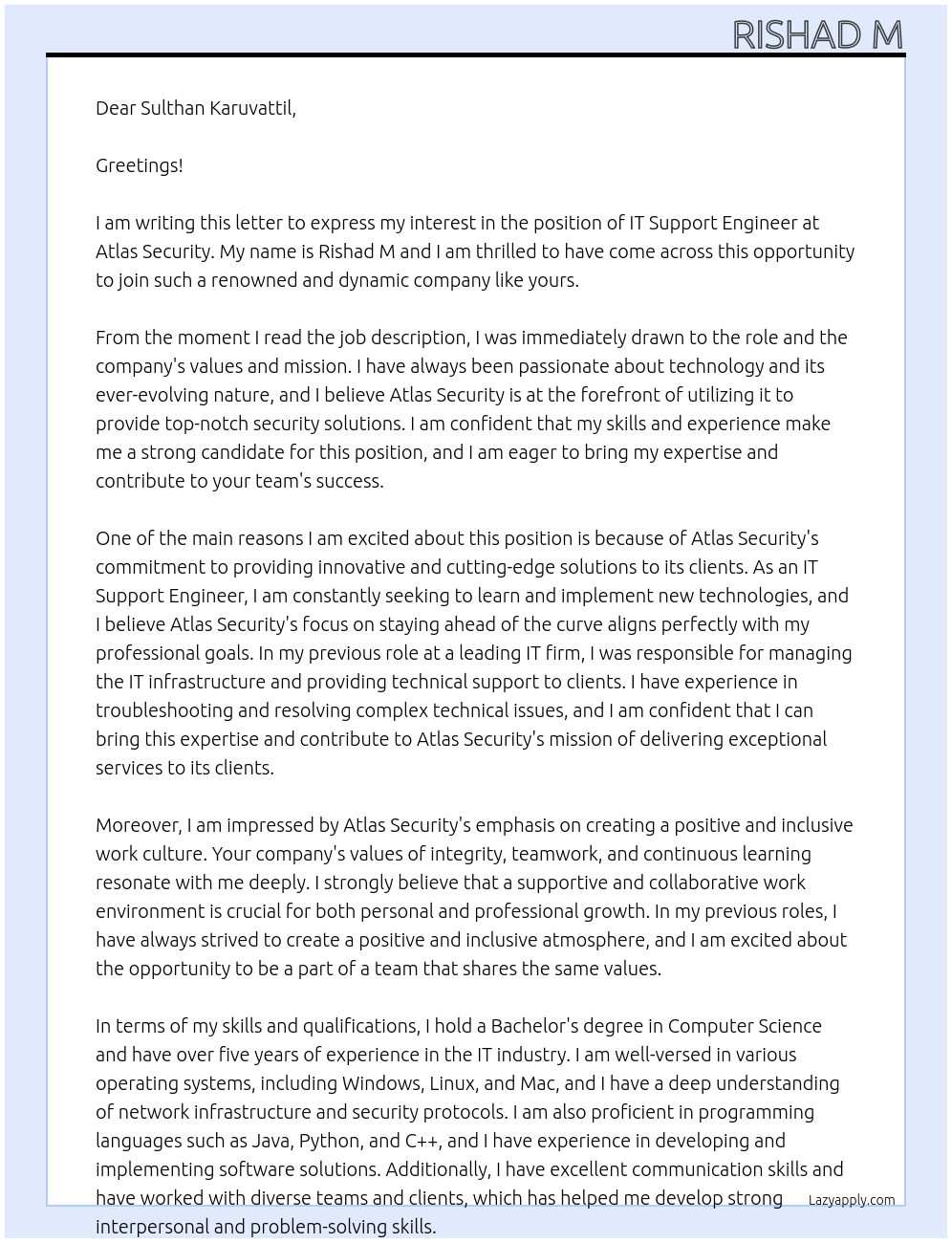 It Support Engineer At Atlas Security Cover Letter
