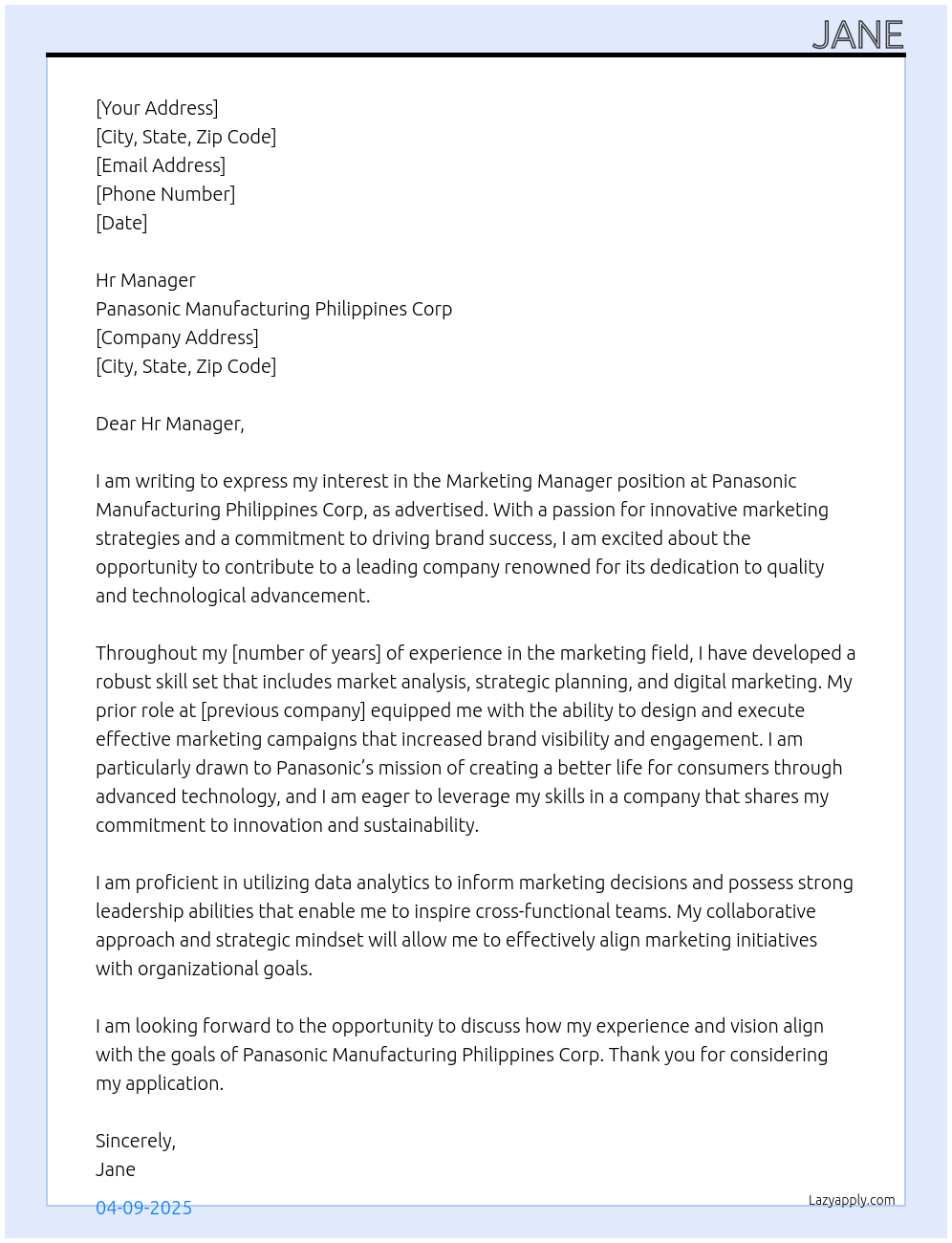 Marketing Manager At Panasonic Manufacturing Philippines Corp Cover Letter