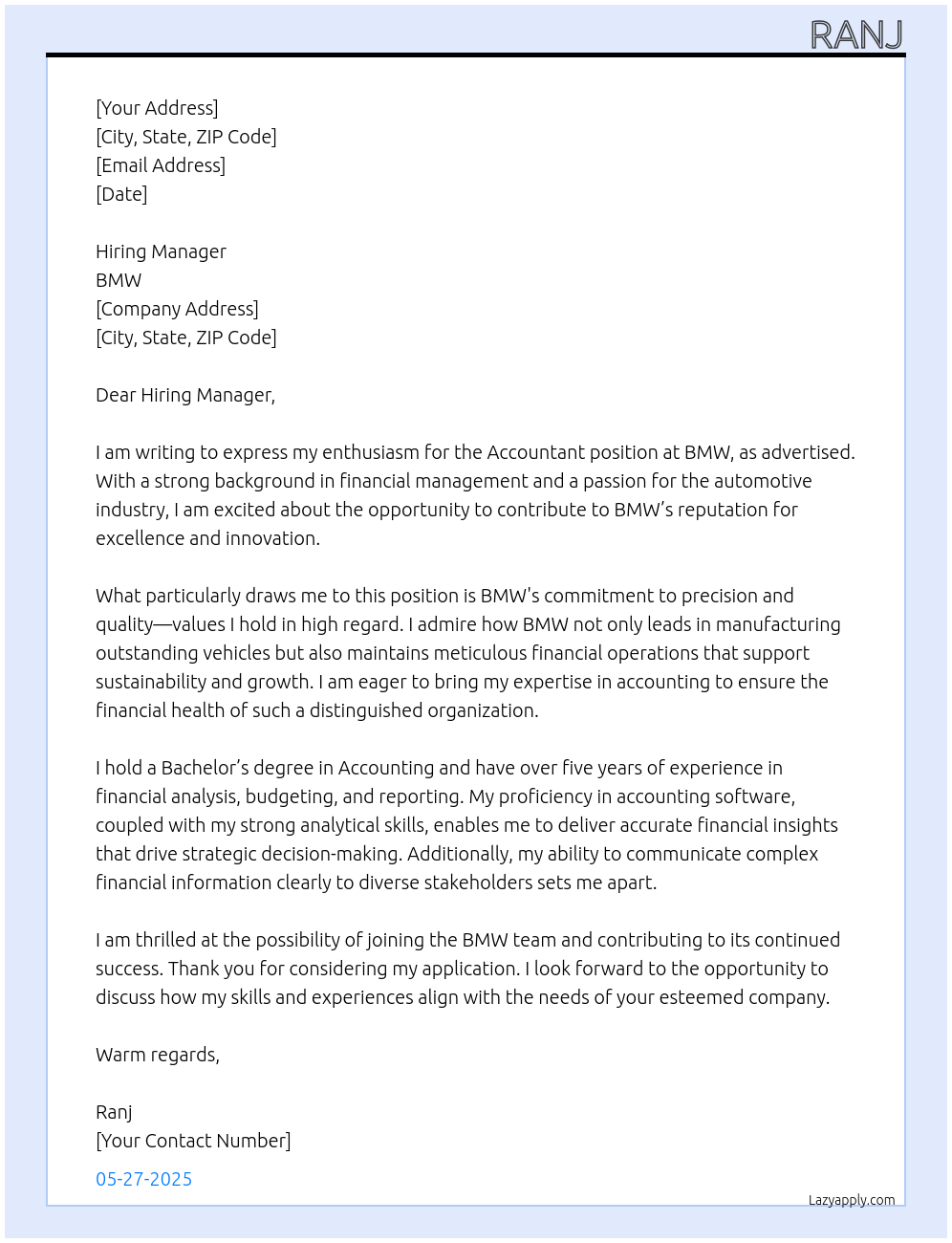 accountant At BMW Cover Letter