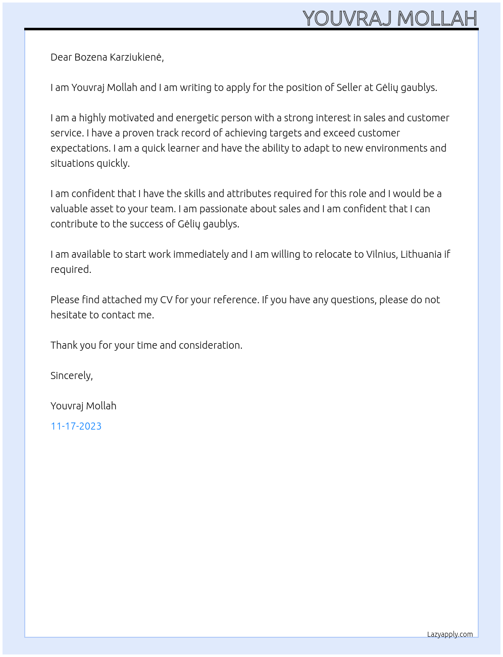 Seller At Gėlių gaublys Cover Letter