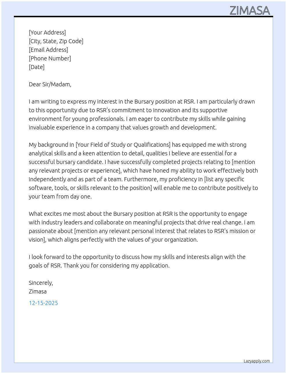 Bursary At RSR Cover Letter