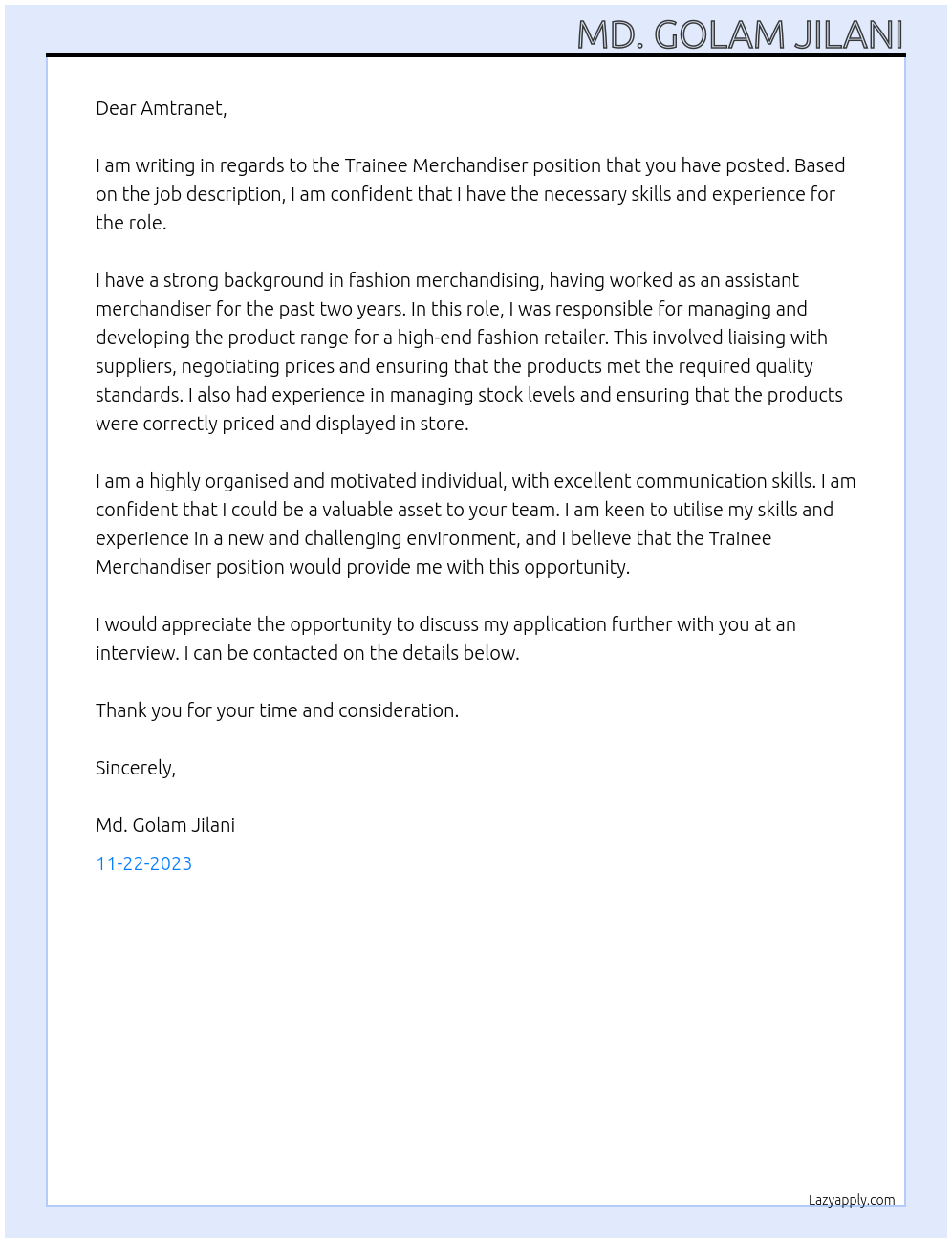 Trainee Merchandiser At Amtranet Cover Letter