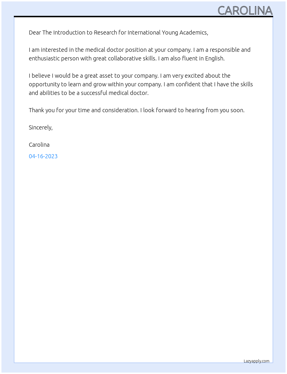 Medical doctor At The Introduction to Research for International Young Academics Cover Letter