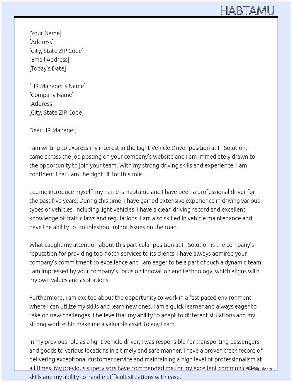 Light vehicle driver At It solution Cover Letter