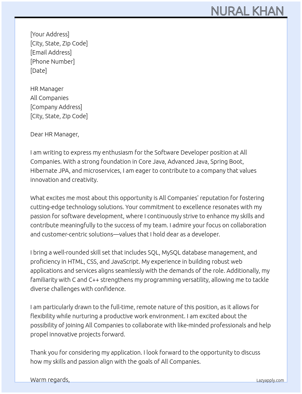Software Developer At All Companies Cover Letter