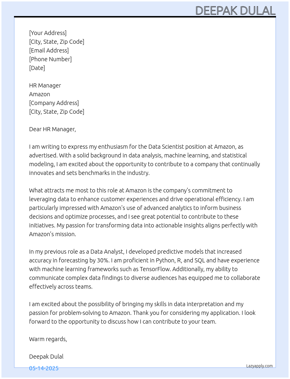 Data Scientist At Amazon Cover Letter