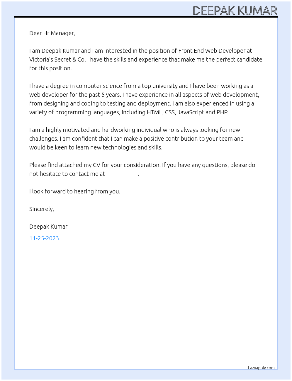 FRONT END WEB DEVELOPER At Victoria’s Secret & Co.  Cover Letter