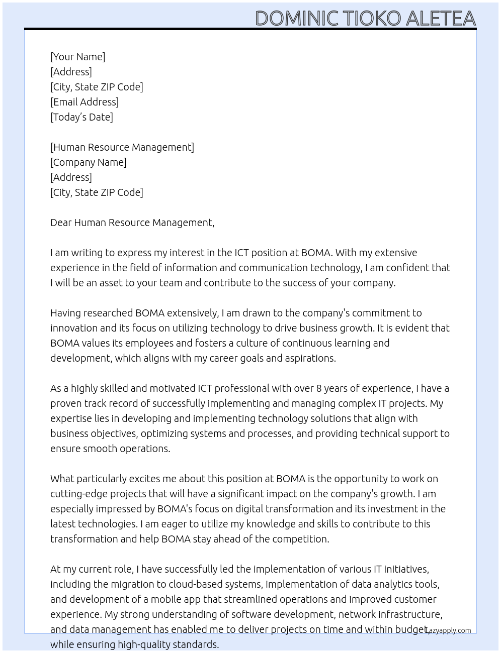 ICT At BOMA Cover Letter
