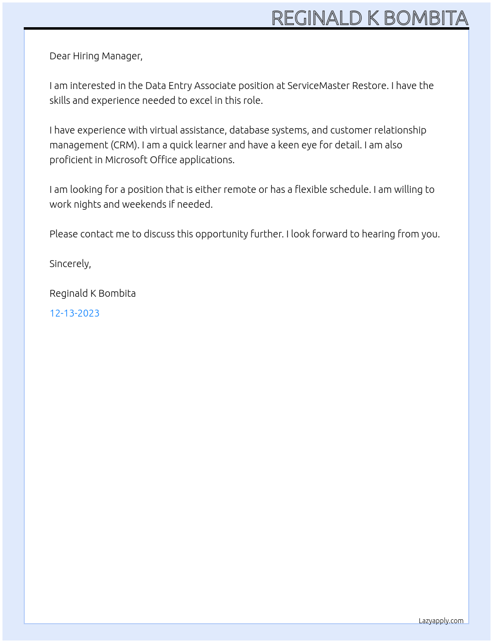 Data Entry Associate At ServiceMaster Restore Cover Letter