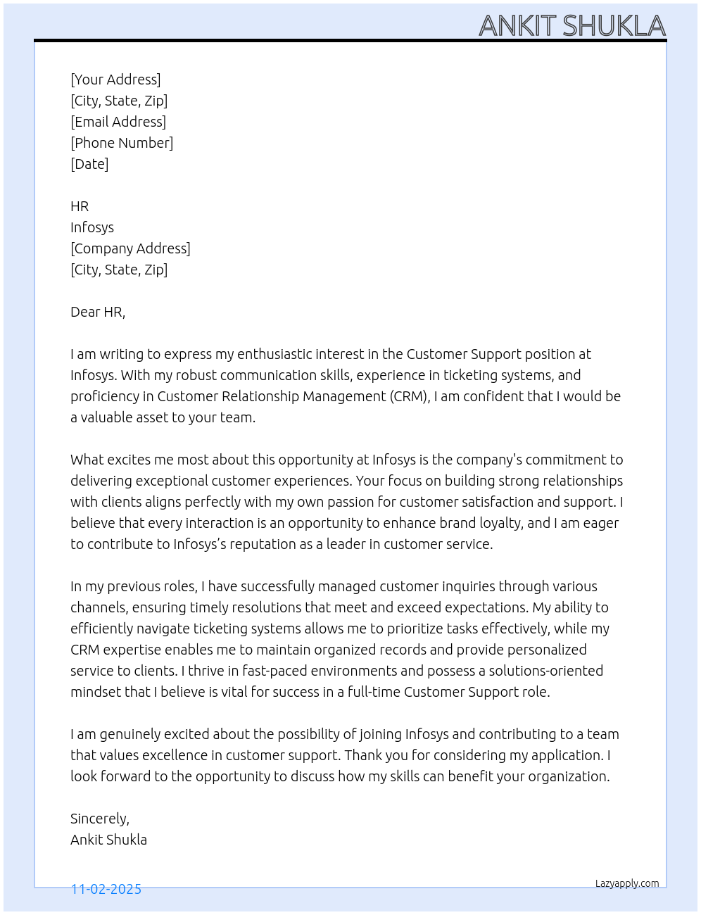 Customer Support At Infosys Cover Letter