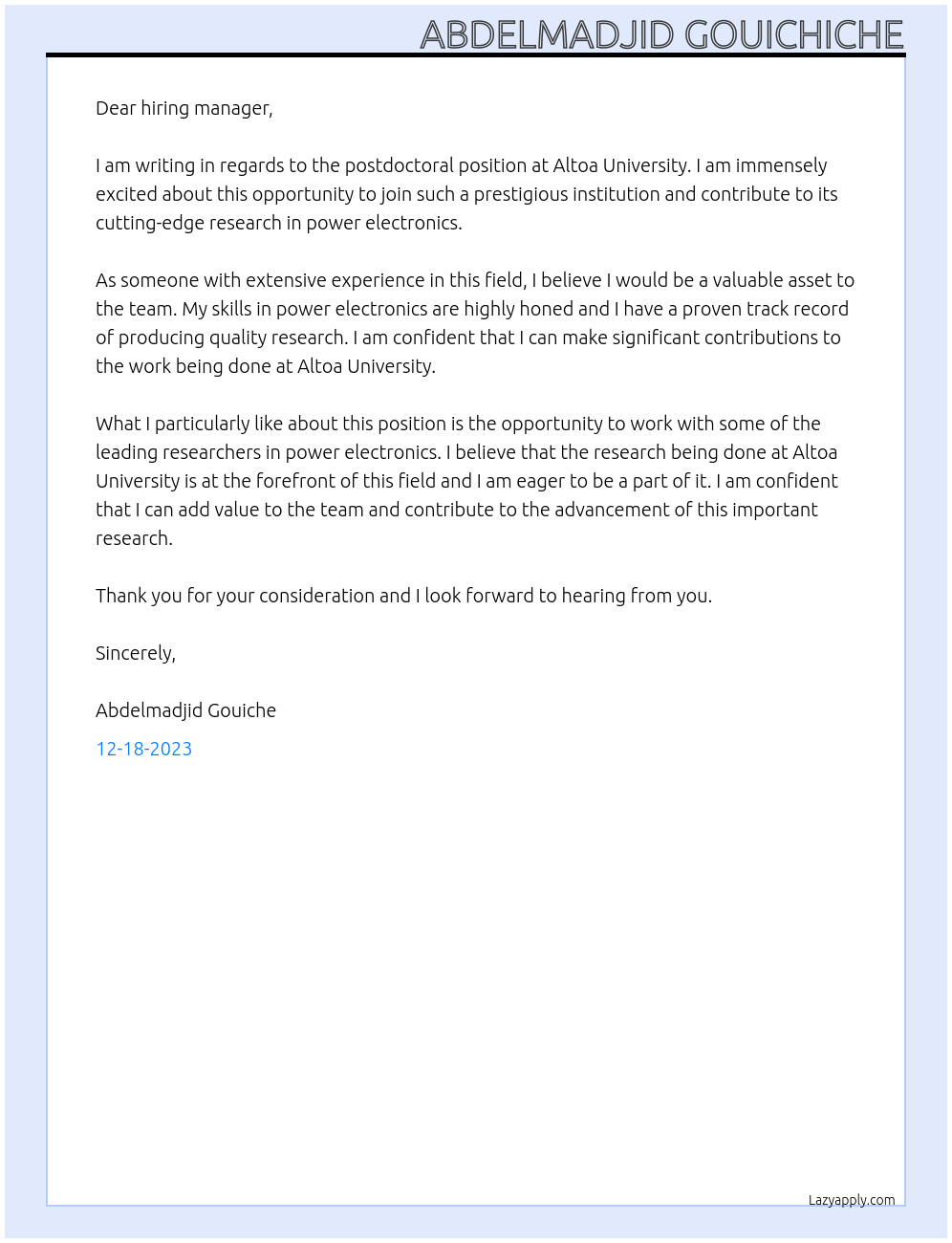 postdoctoral At Altoa university Cover Letter