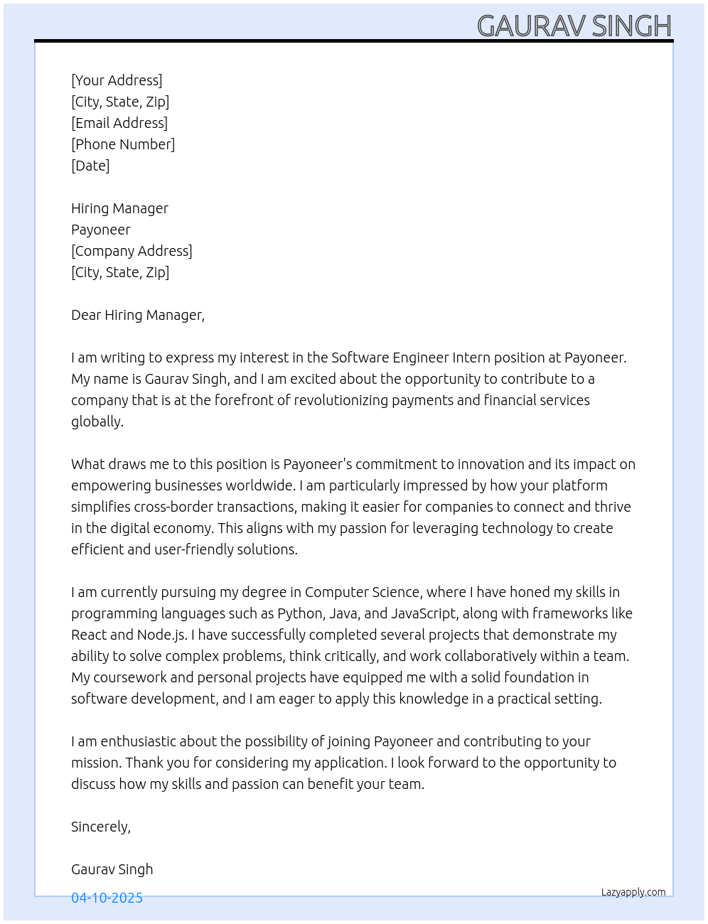 Software Engineer Intern At Payoneer Cover Letter