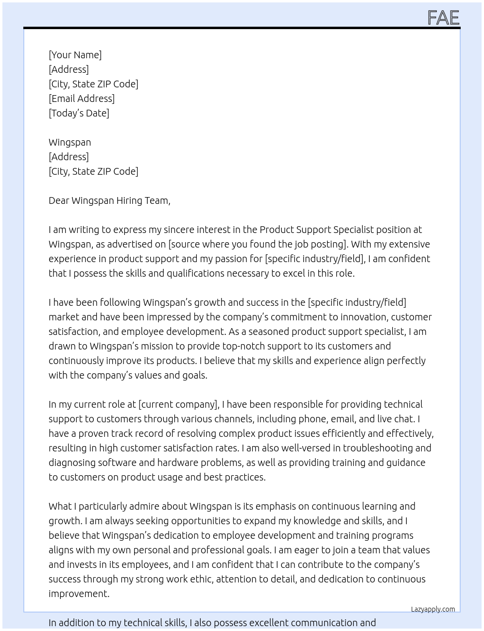 Product Support Specialist At Wingspan Cover Letter