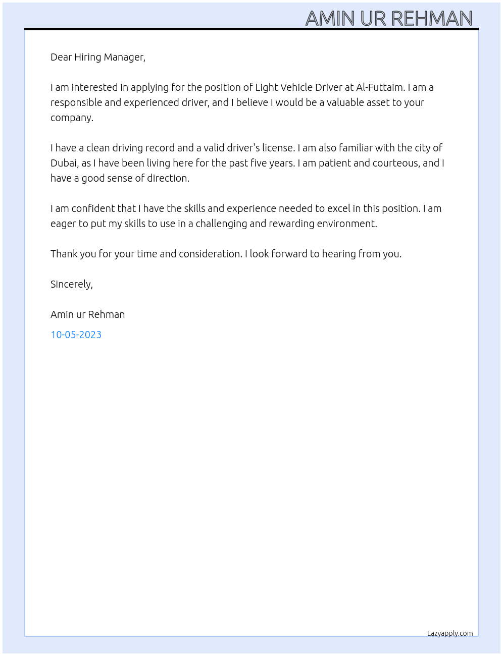 Light vehicle driver At Al-futtaim Cover Letter