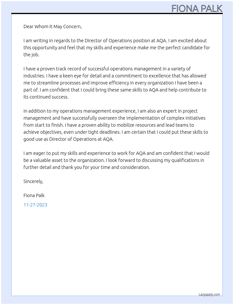 Director of Operations At AQA Cover Letter