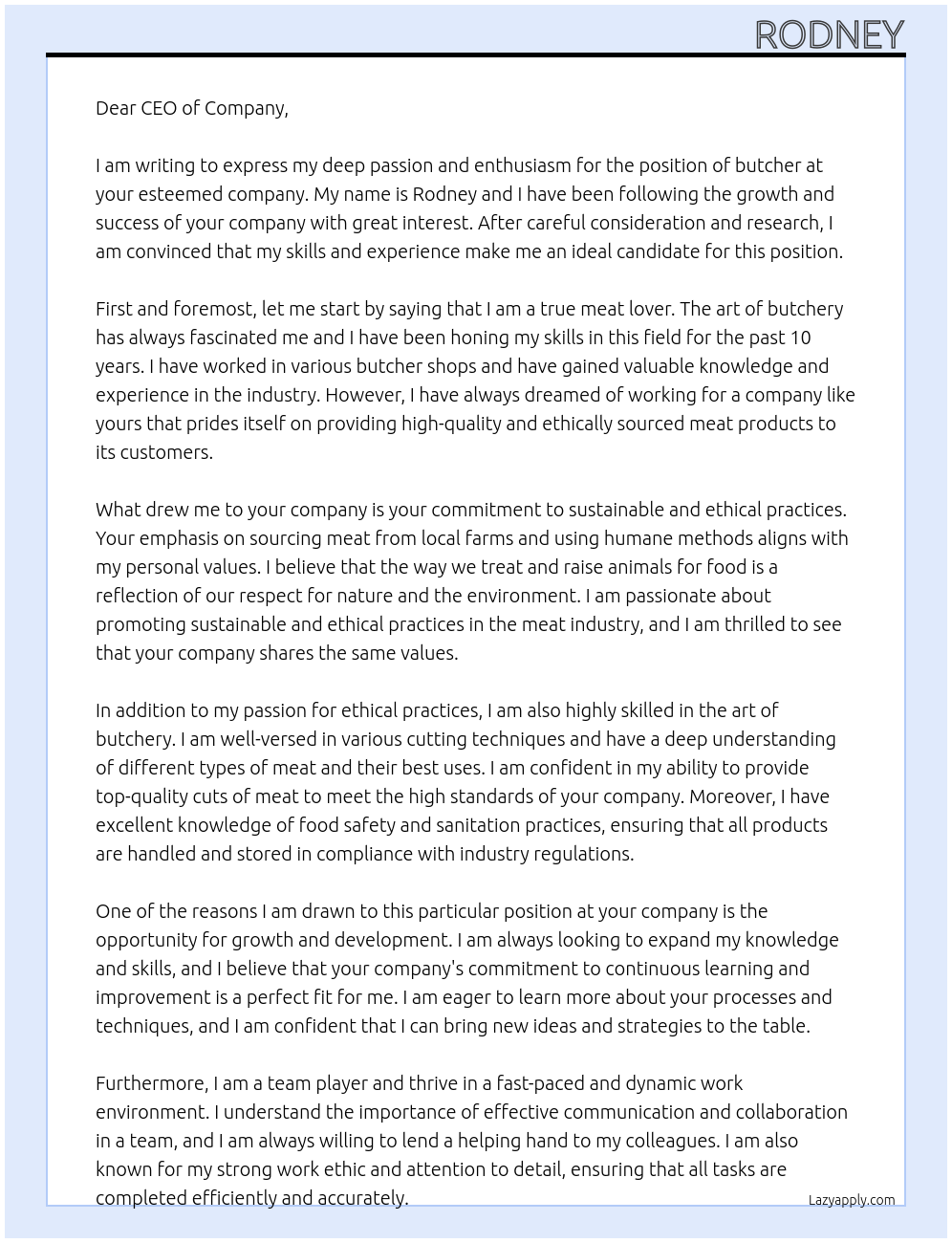 butcher At company Cover Letter