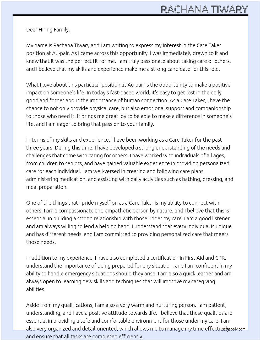 Care Taker At Au-pair  Cover Letter