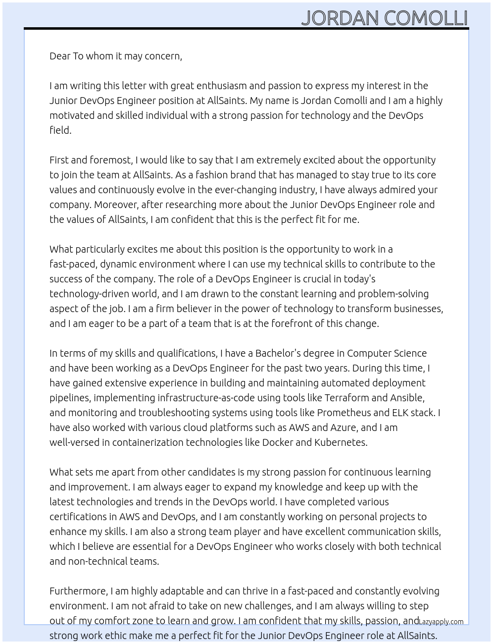 Junior DevOps Engineer At AllSaints Cover Letter