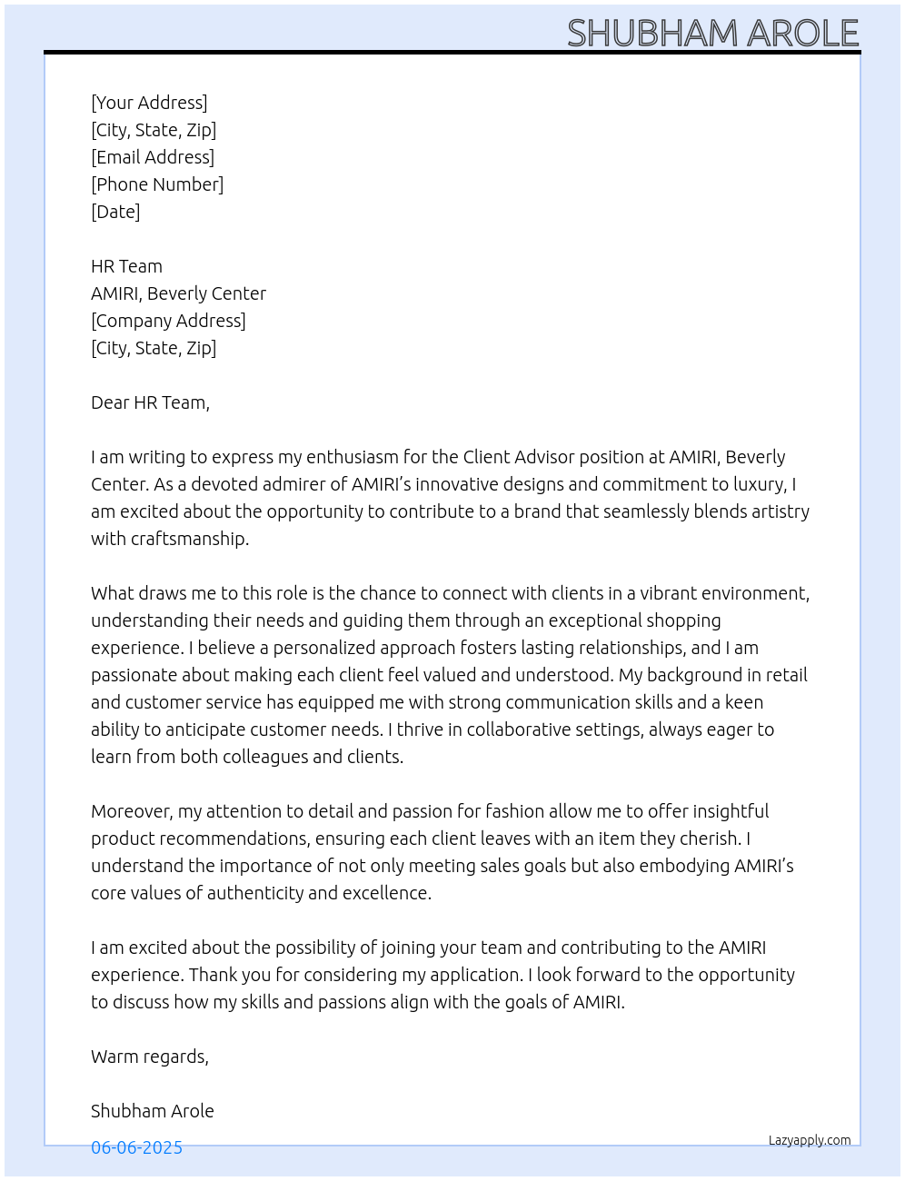 Cover letter for client advisor - LazyApply