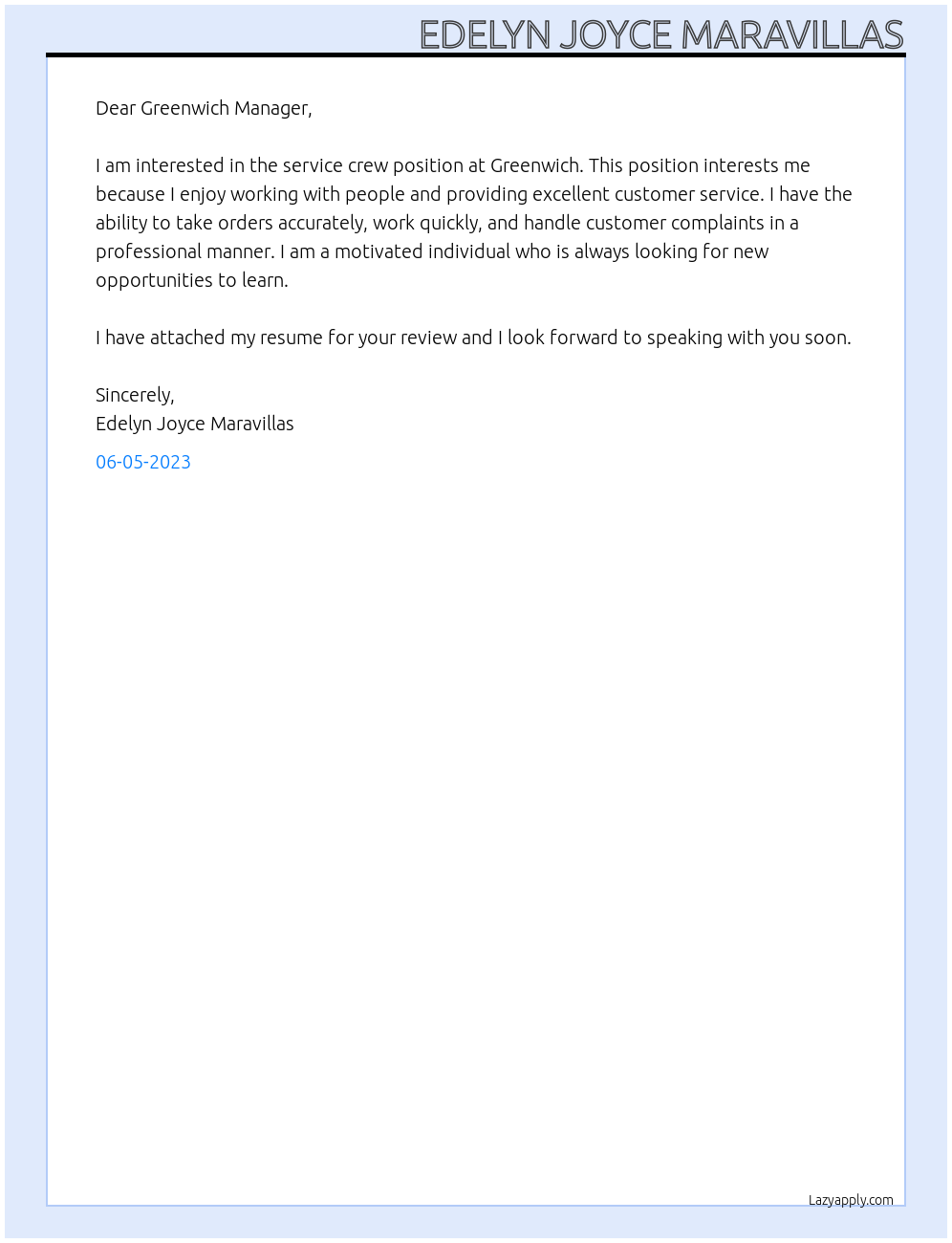 Service crew At Greenwich Cover Letter