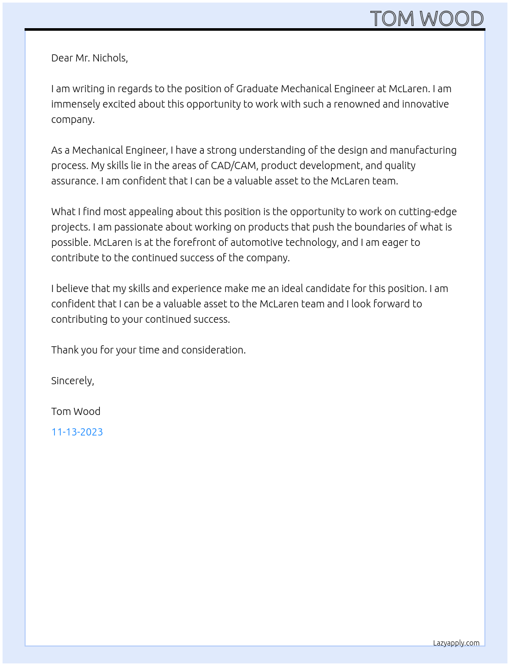 Graduate Mechanical Engineer At McLaren Cover Letter