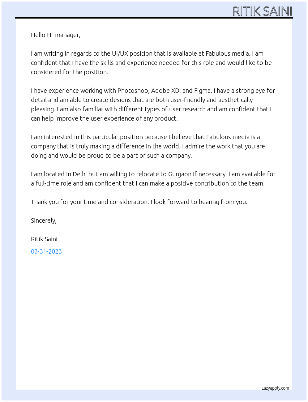 UI/UX At Fabulous media Cover Letter