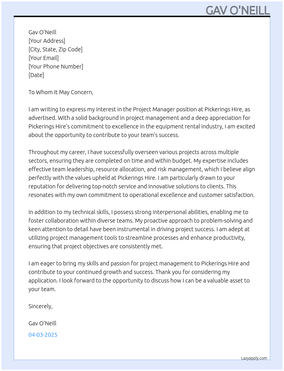 Project Manager At Pickerings Hire Cover Letter