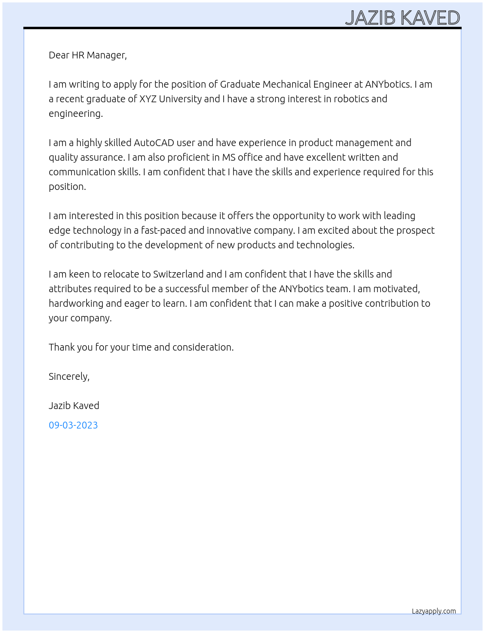 Graduate Mechanical Engineer  At ANYbotics Cover Letter