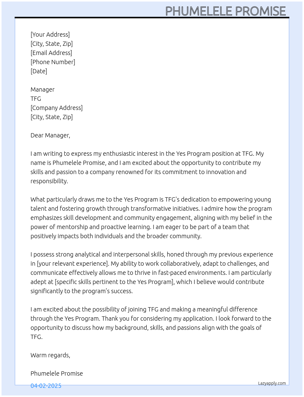 Yes program  At Tfg  Cover Letter