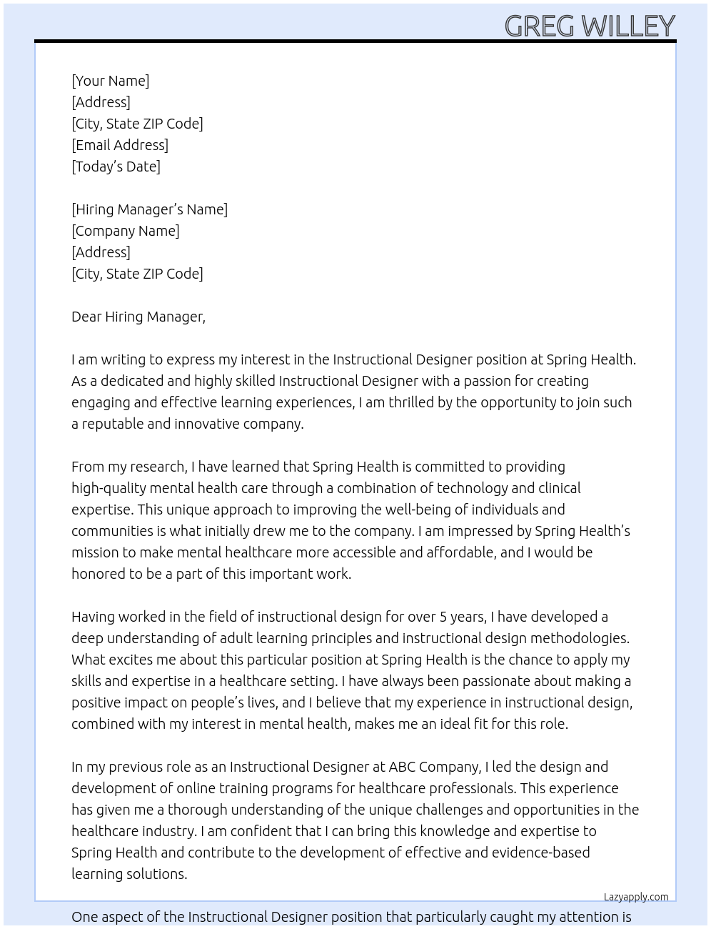 Instructional Designer At Spring Health Cover Letter