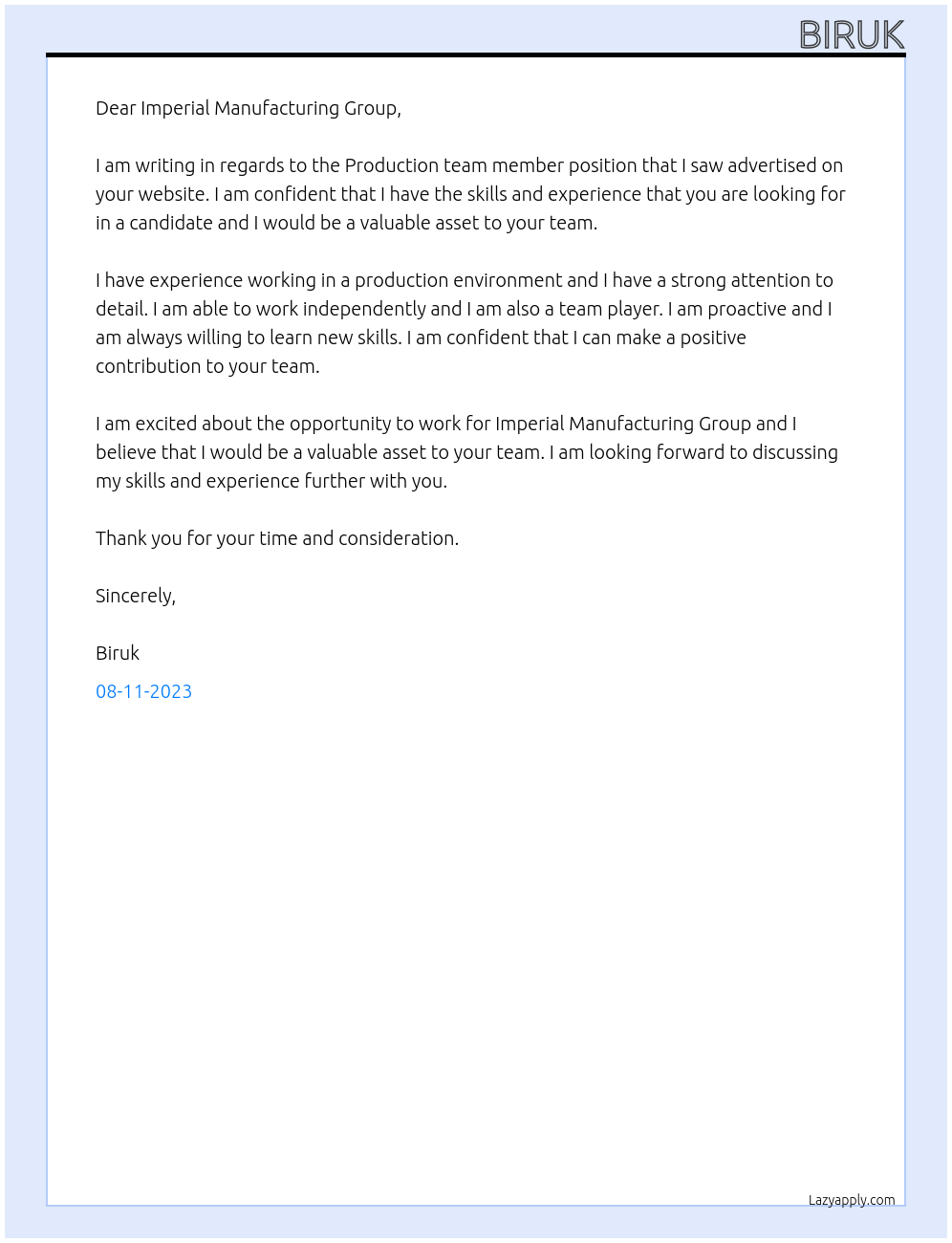 Production team member At Imperial Manufacturing Group Cover Letter