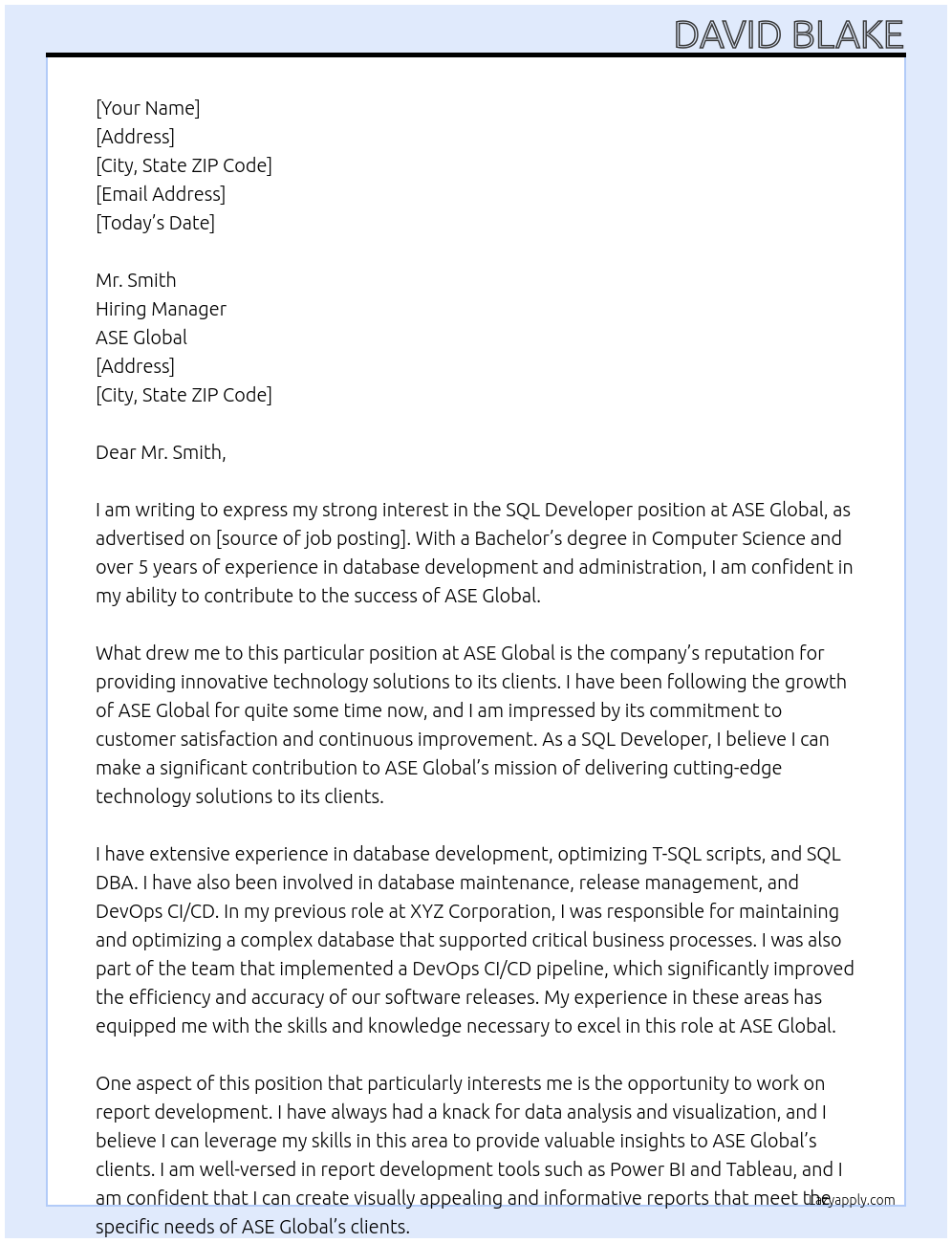SQL Developer At ASE Global Cover Letter