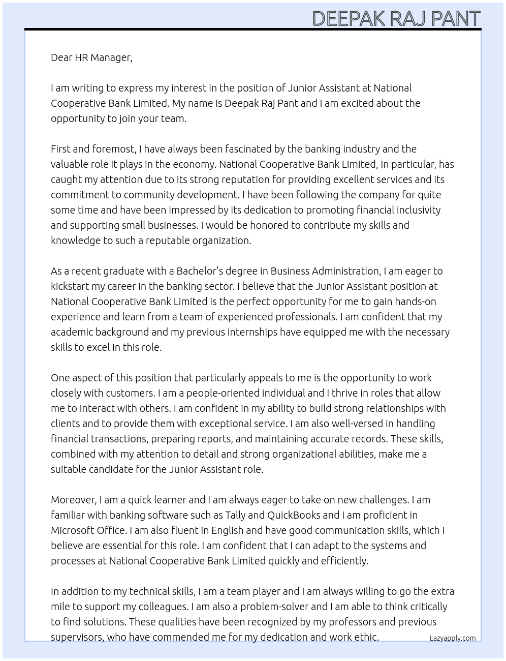 Junior assistant  At National cooperative bank limited  Cover Letter