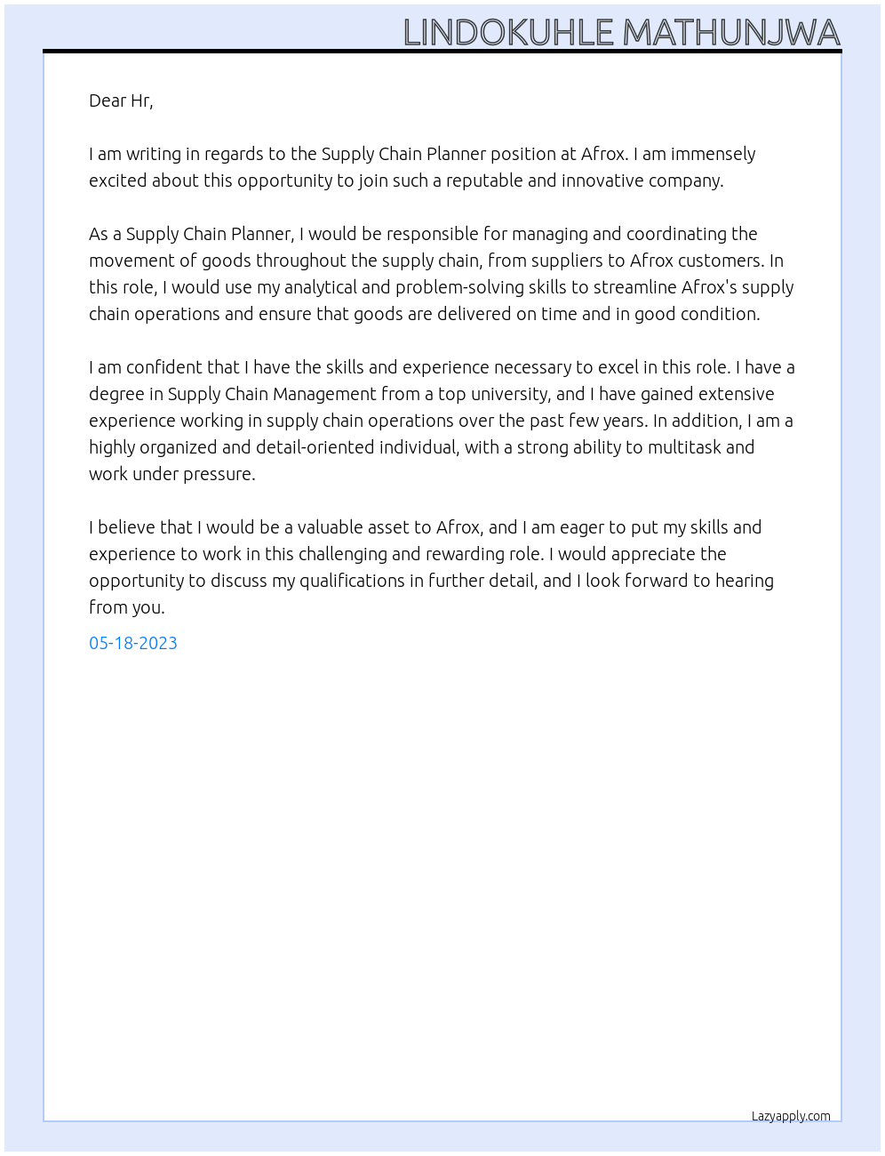 Supply chain planner At Afrox  Cover Letter