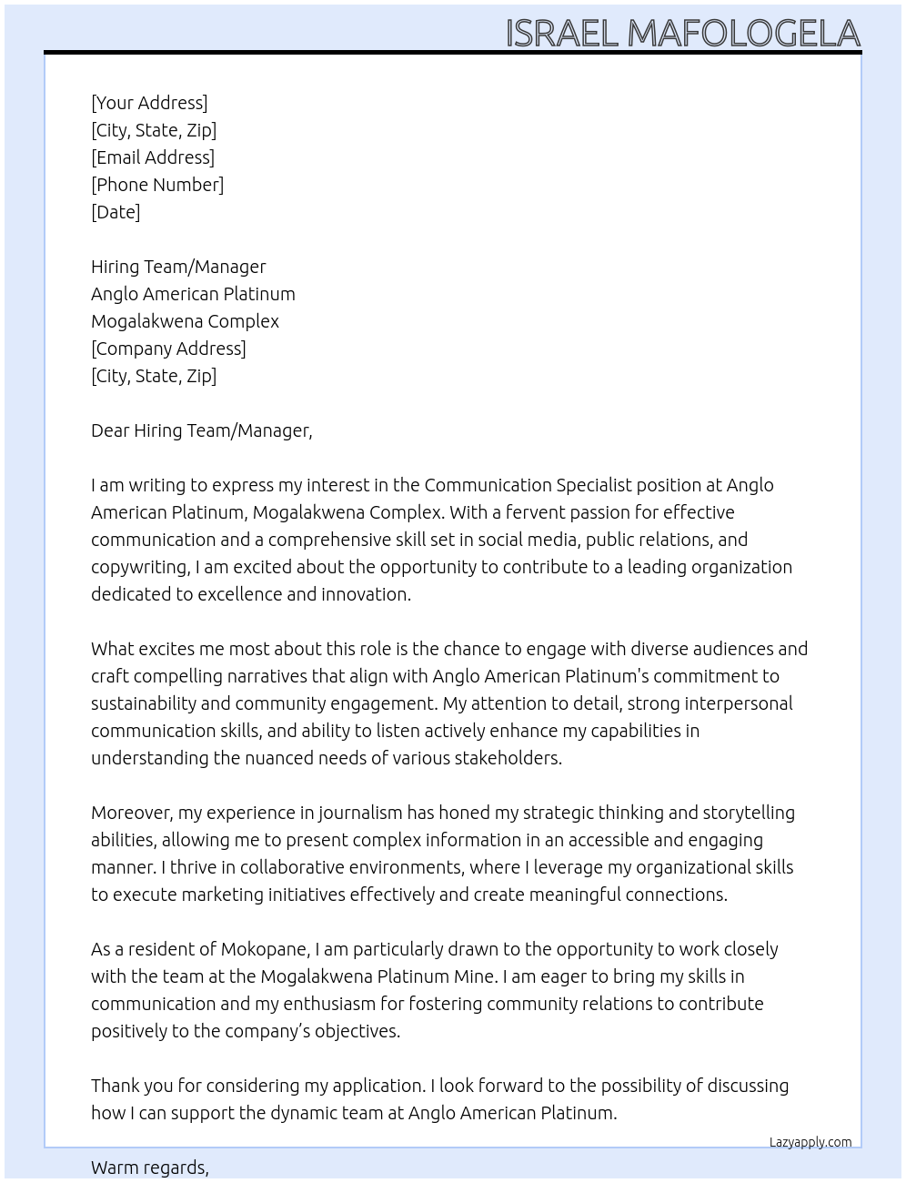 Communication Specialist At anglo American Platinum - Mogalakwena Complex Cover Letter