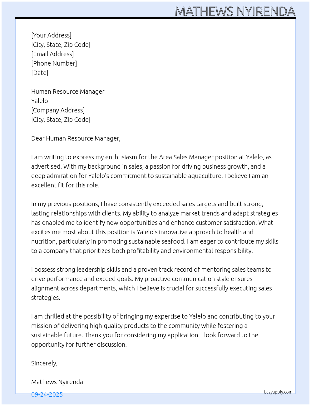 Cover letter for area sales manager - LazyApply