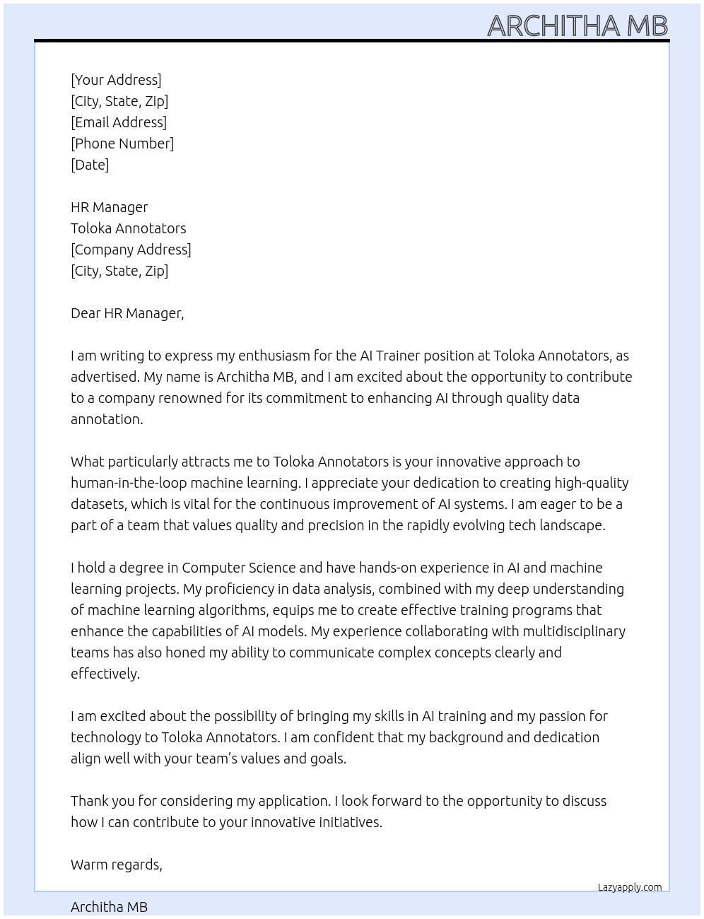 AI trainer At Toloka Annotators Cover Letter