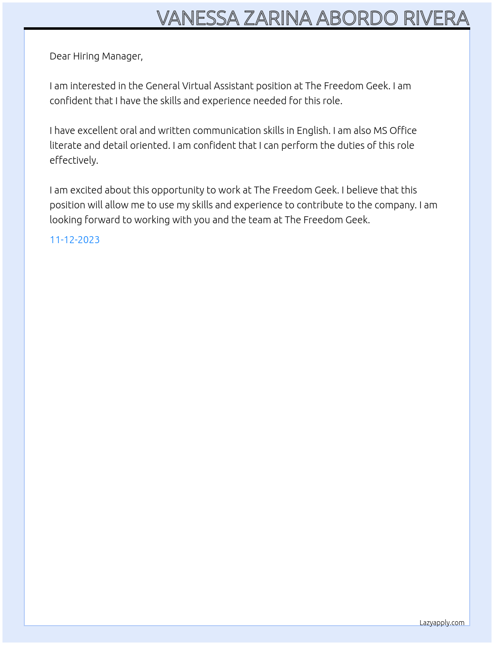 General Virtual Assistant At The Freedom Geek Cover Letter